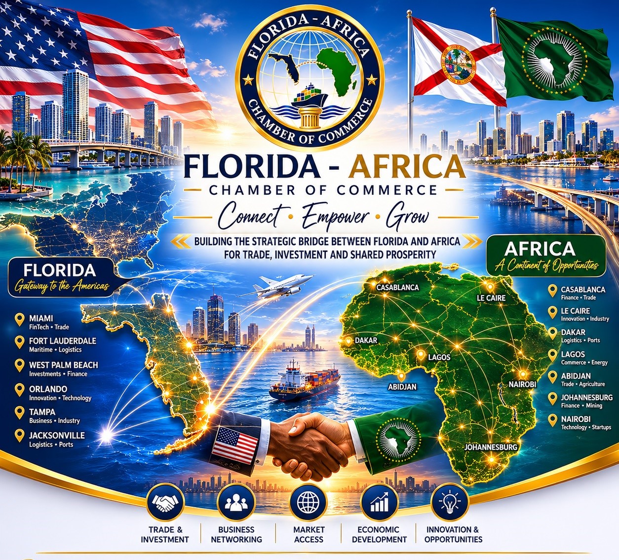 The Florida Africa Chamber of Commerce is a strategic business platform dedicated to strengthening trade, investment, innovation, and institutional cooperation between the State of Florida and African markets.