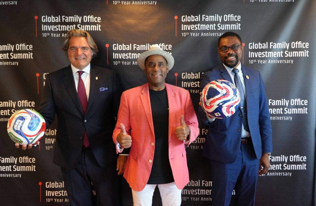 With the official ADIDAS World FIFA Cup balls—From right to left: Mr. Anthony Ritossa, Founder and CEO of Global Family Office Investment Summits; Mr. Michel Thomas, CEO of The Eco Channel; Mr. Gabriel MVOGO SAINT, President of the Florida Africa Chamber of Commerce.